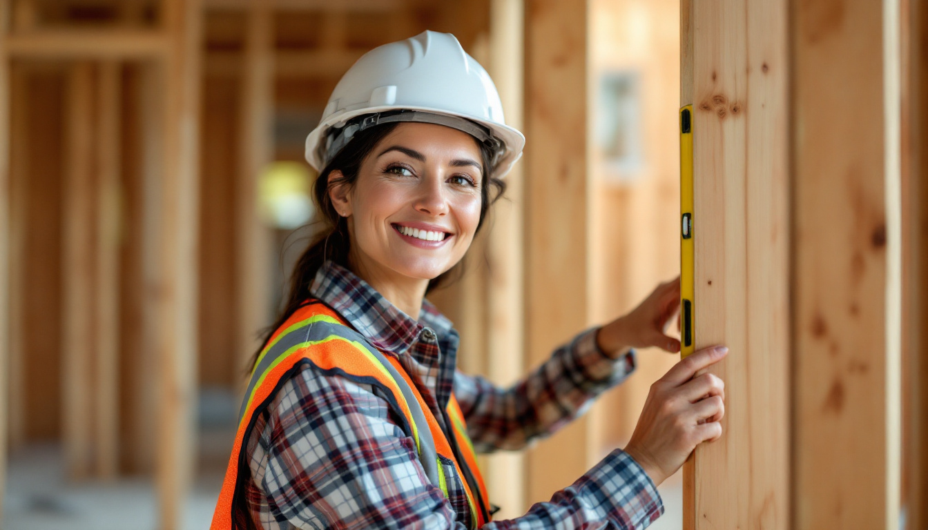 A Melbourne builder checking a wall frame is plumb, the kind of work a project gallery showcases