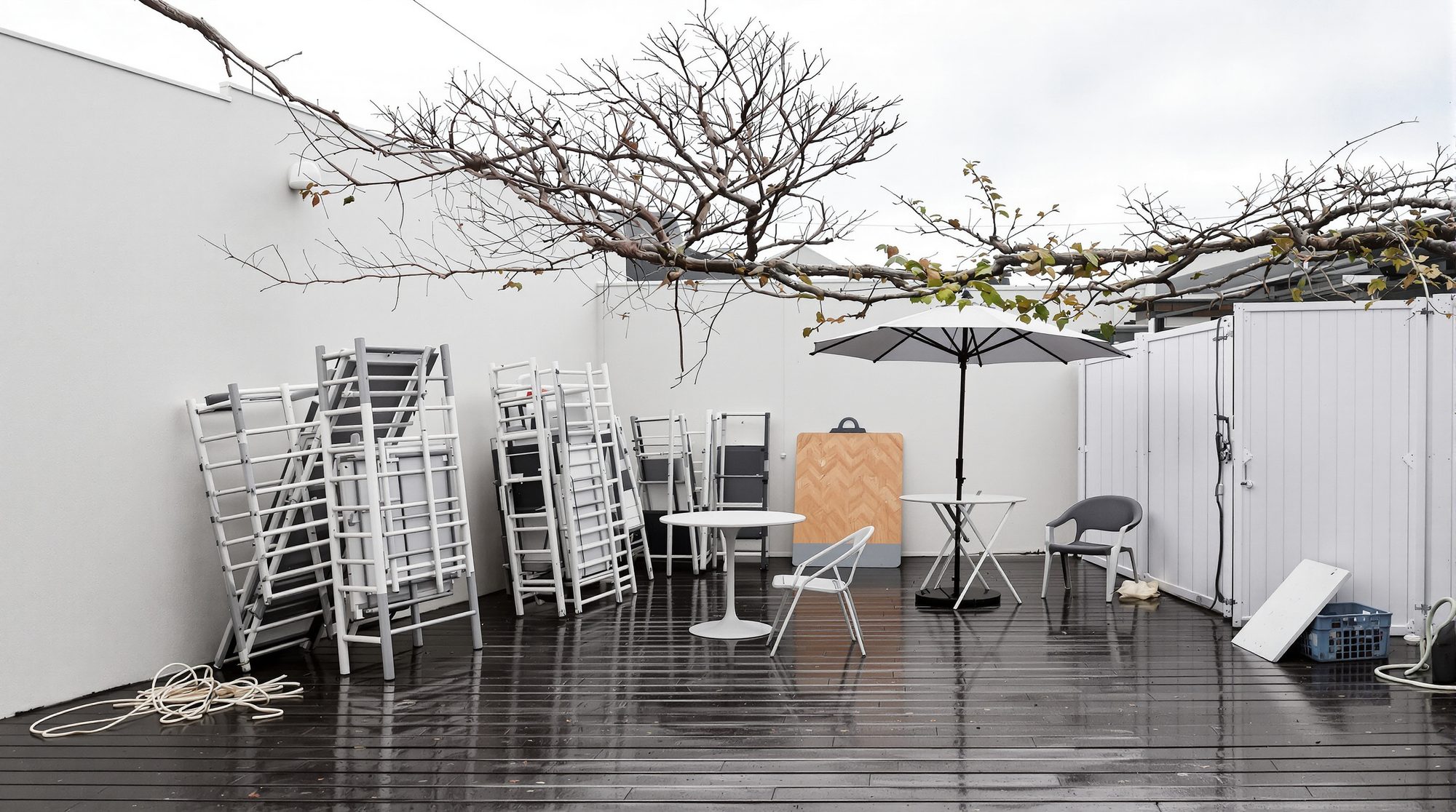 The empty courtyard of a seasonal Peninsula business in winter, chairs stacked and decking wet