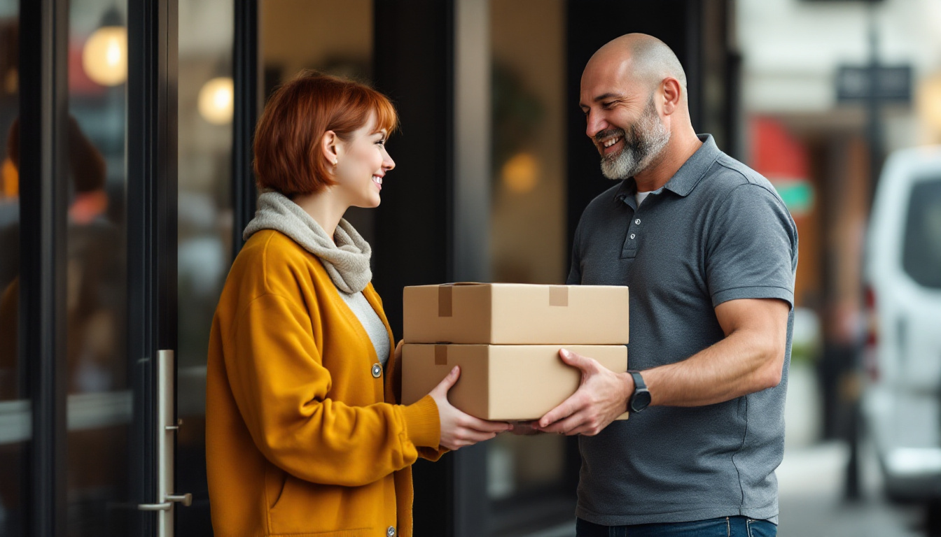 A shop owner handing parcels to a courier for dispatch
