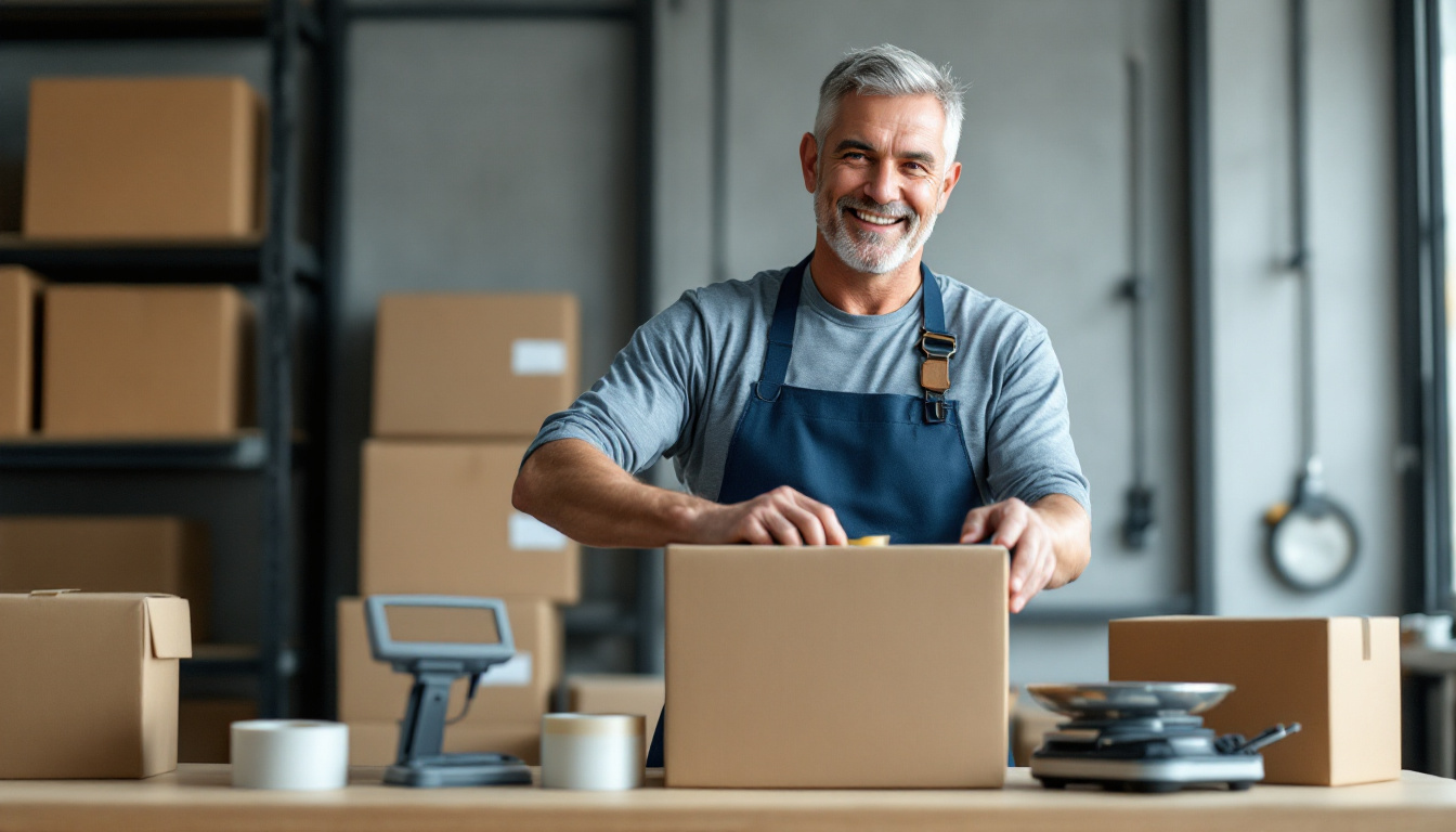A small-business owner packing an online order for dispatch