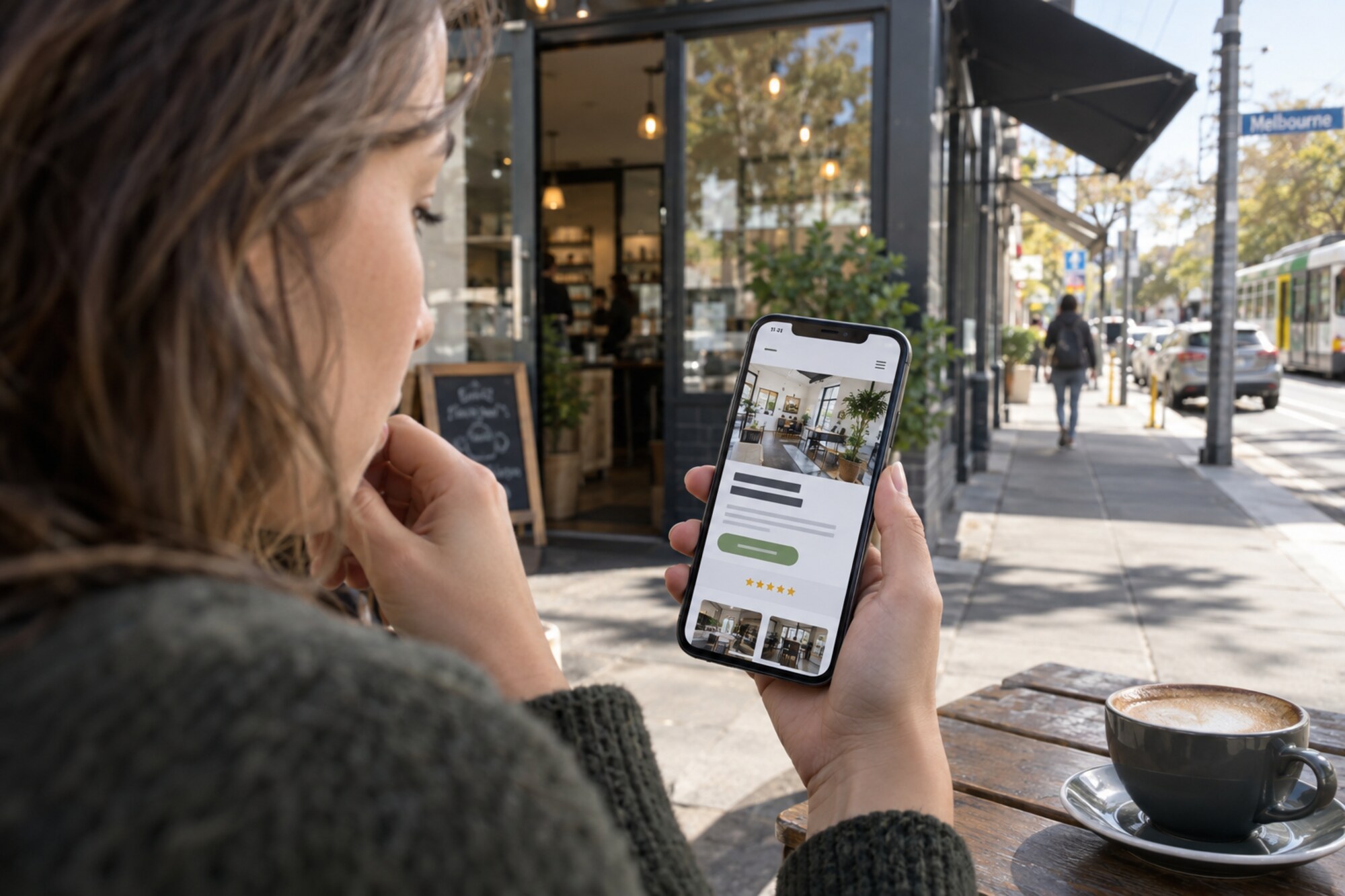 A customer assessing the first screen of a Melbourne local-business website on her phone