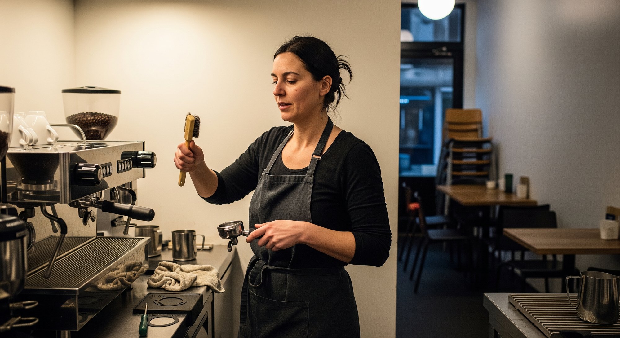 A Melbourne cafe owner servicing the espresso machine after close