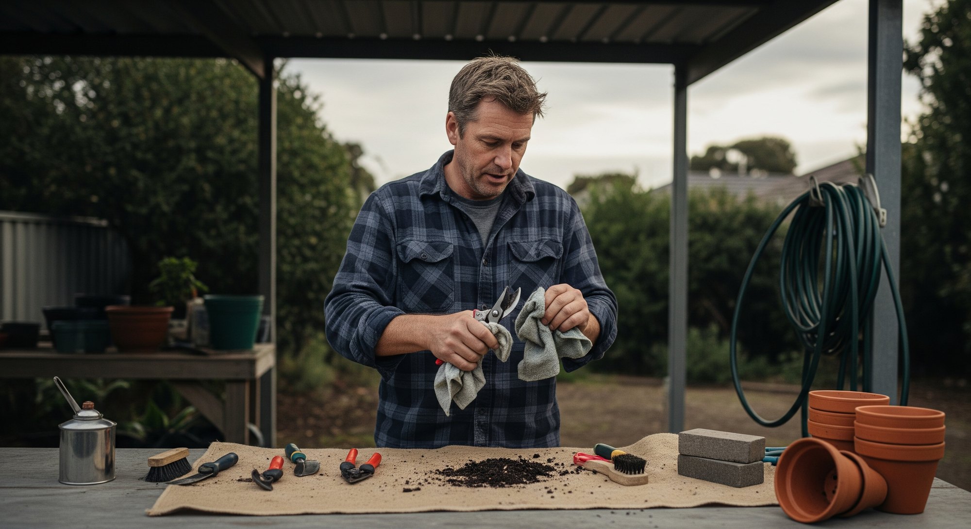 A Melbourne gardener cleaning and oiling hand tools at the end of the day