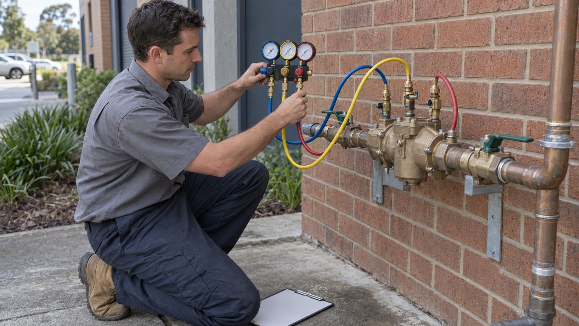An Australian backflow technician conducting an annual compliance test with a differential-pressure test kit