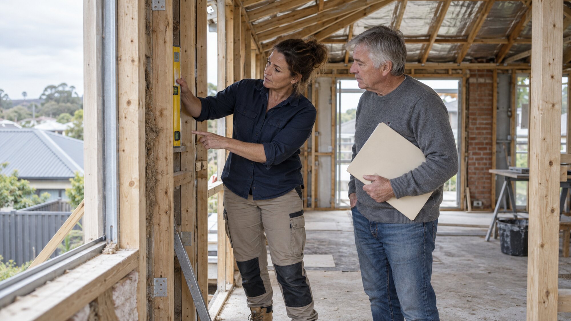 A Melbourne building consultant carrying out a free on-site framing assessment with a homeowner