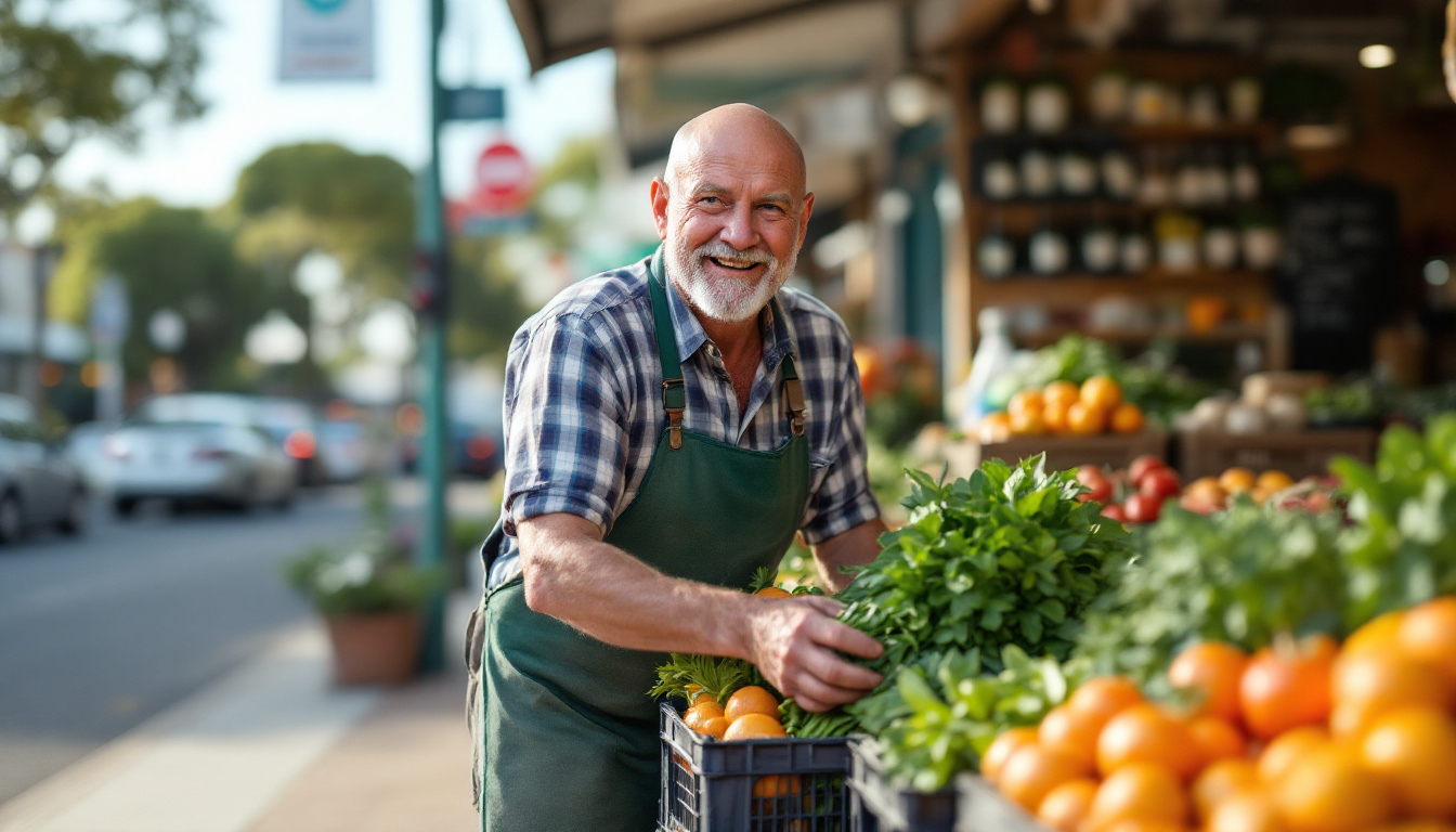 A Melbourne greengrocer setting up his footpath display for the day
