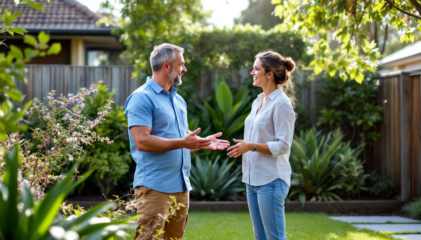 A Melbourne landscaper talking through a garden plan with a homeowner