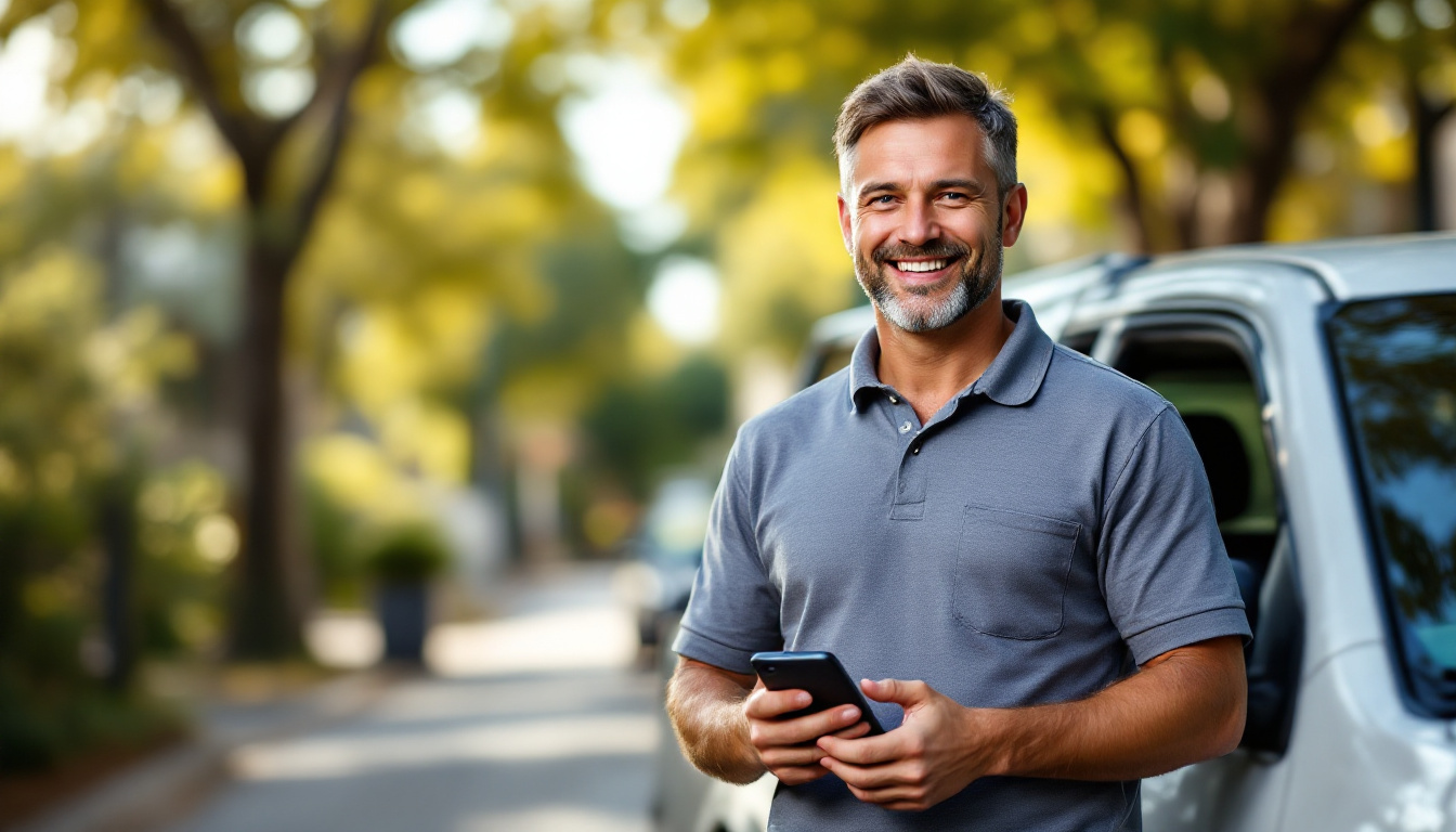 A Melbourne tradesperson standing beside his ute on a leafy suburban street