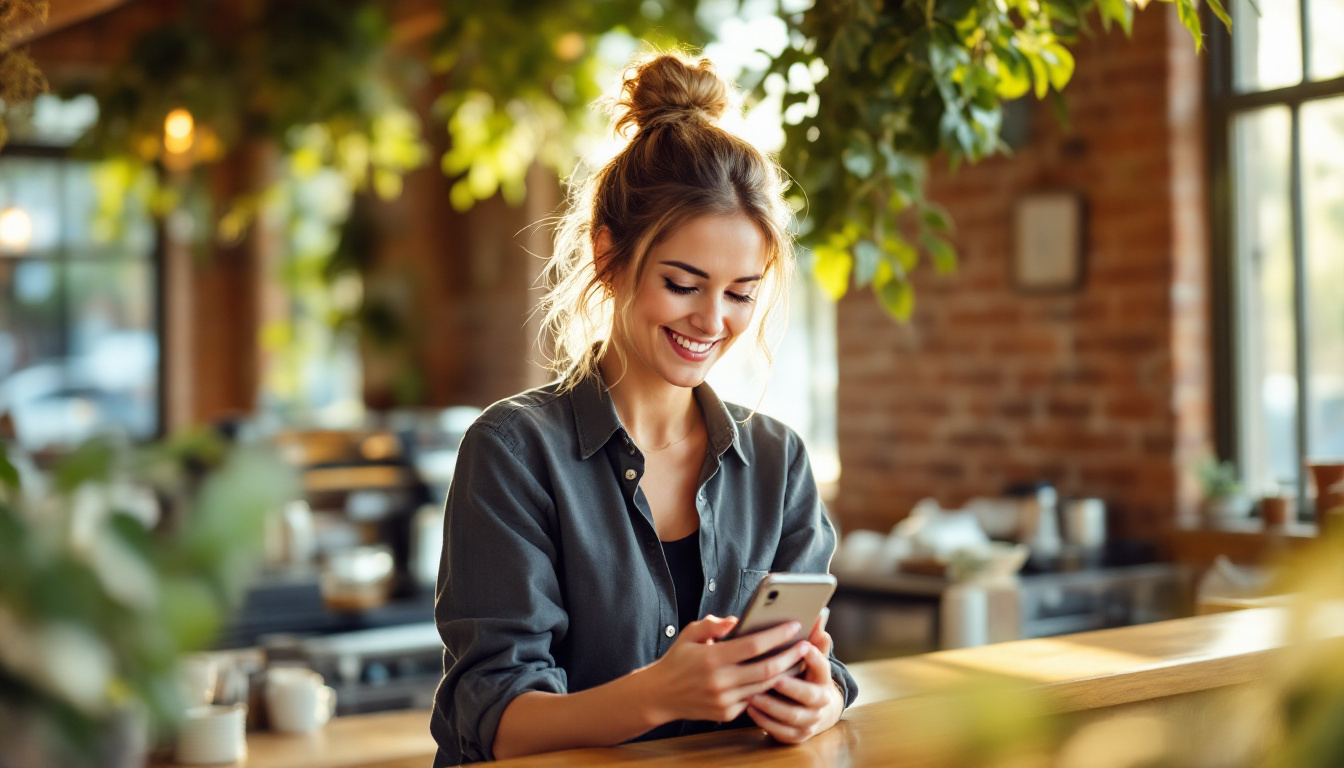 A Melbourne small-business owner checking her phone in her cafe