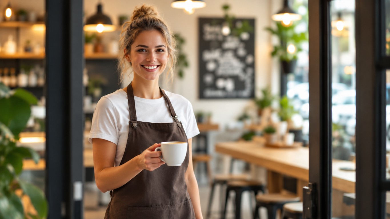 A café owner handing a coffee to a smiling regular customer