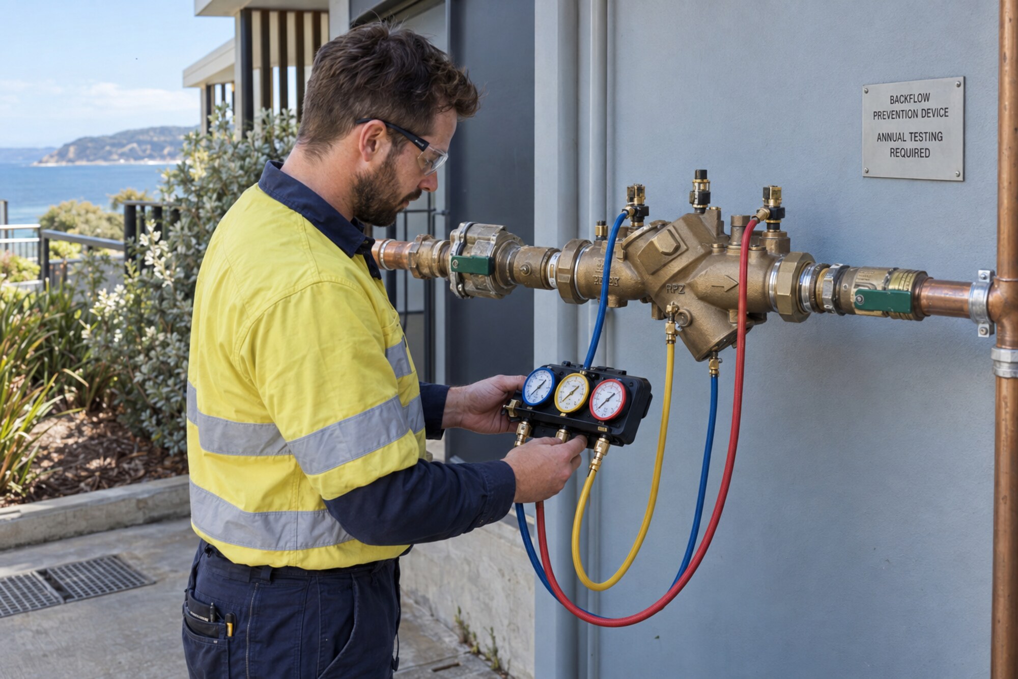 A licensed Australian technician performing an annual RPZ backflow prevention test