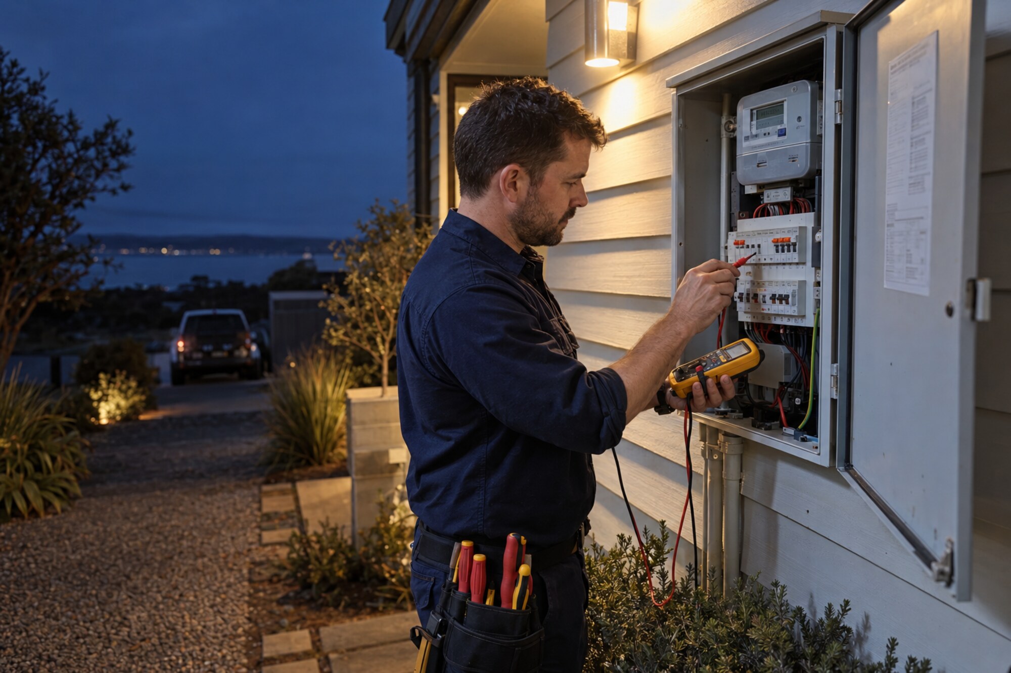 A licensed electrician diagnosing a late-night switchboard fault at a Mornington Peninsula home