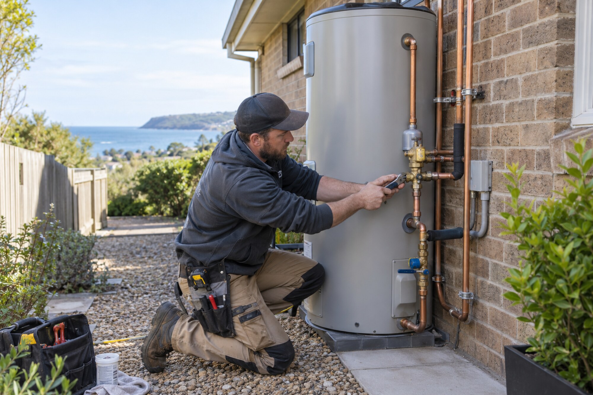 A licensed Australian plumber completing a planned hot-water system replacement at a Mornington Peninsula home