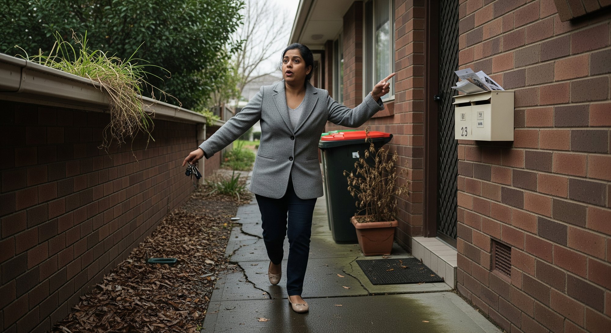 A Melbourne property manager pointing out a blocked gutter at a rental property