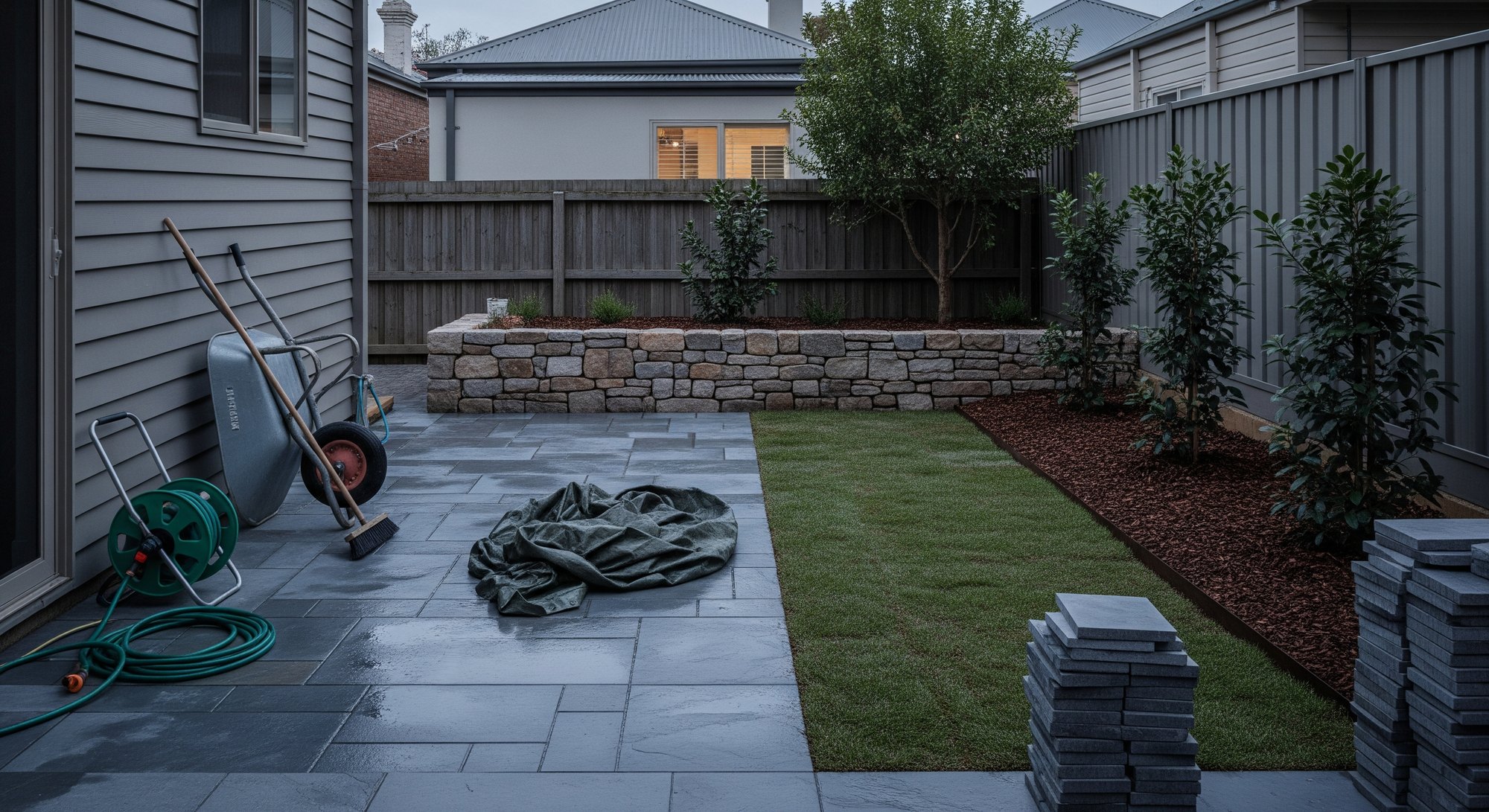A finished courtyard at dusk with the tools packed away