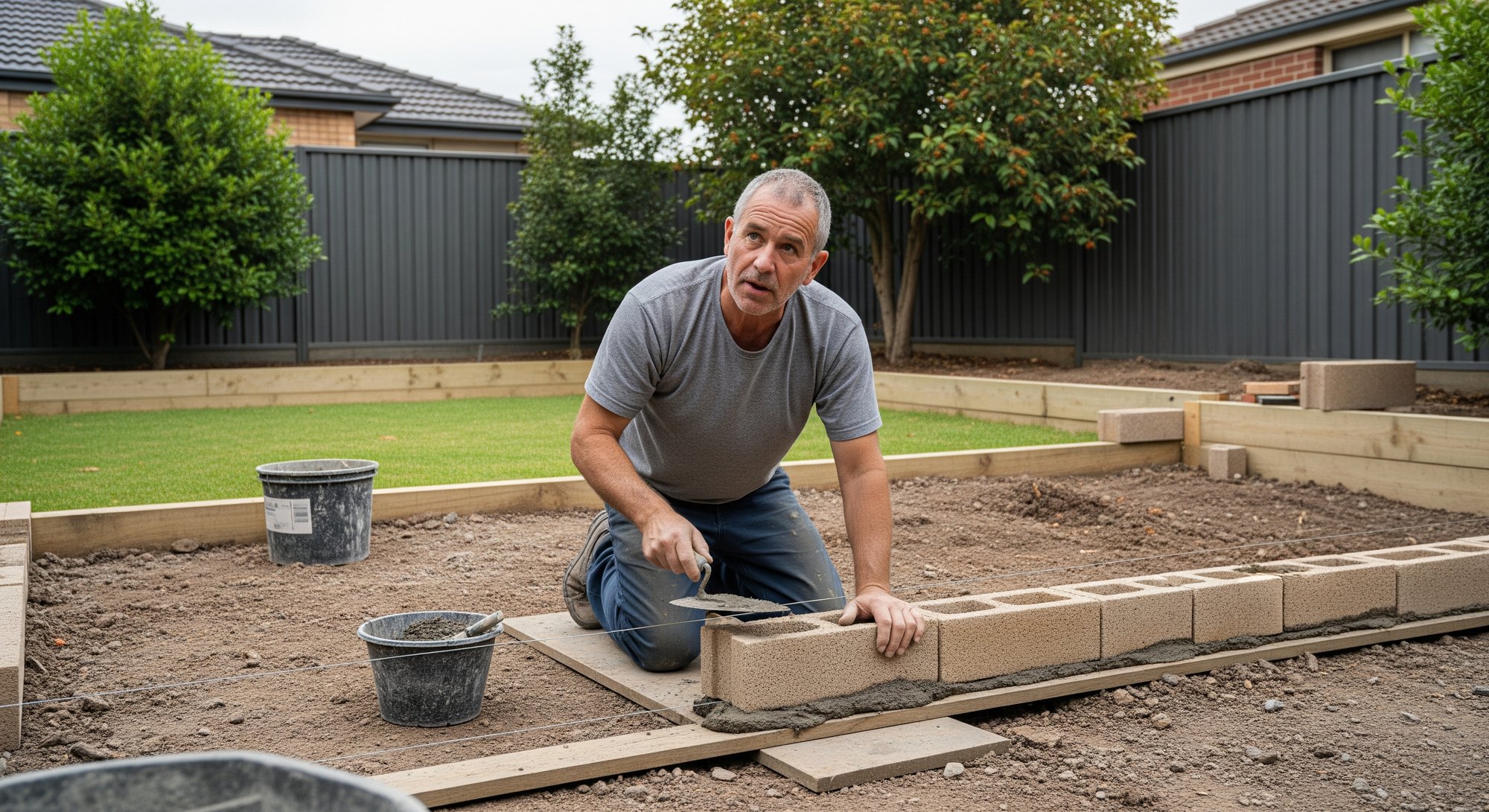 A bricklayer laying the last course of a garden wall