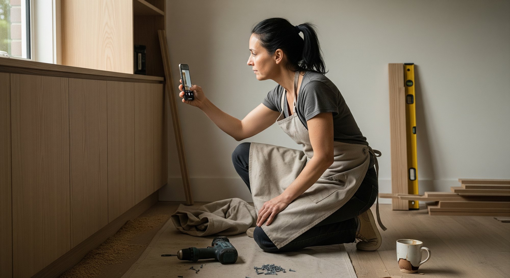 A Melbourne cabinetmaker photographing a finished built-in before packing up