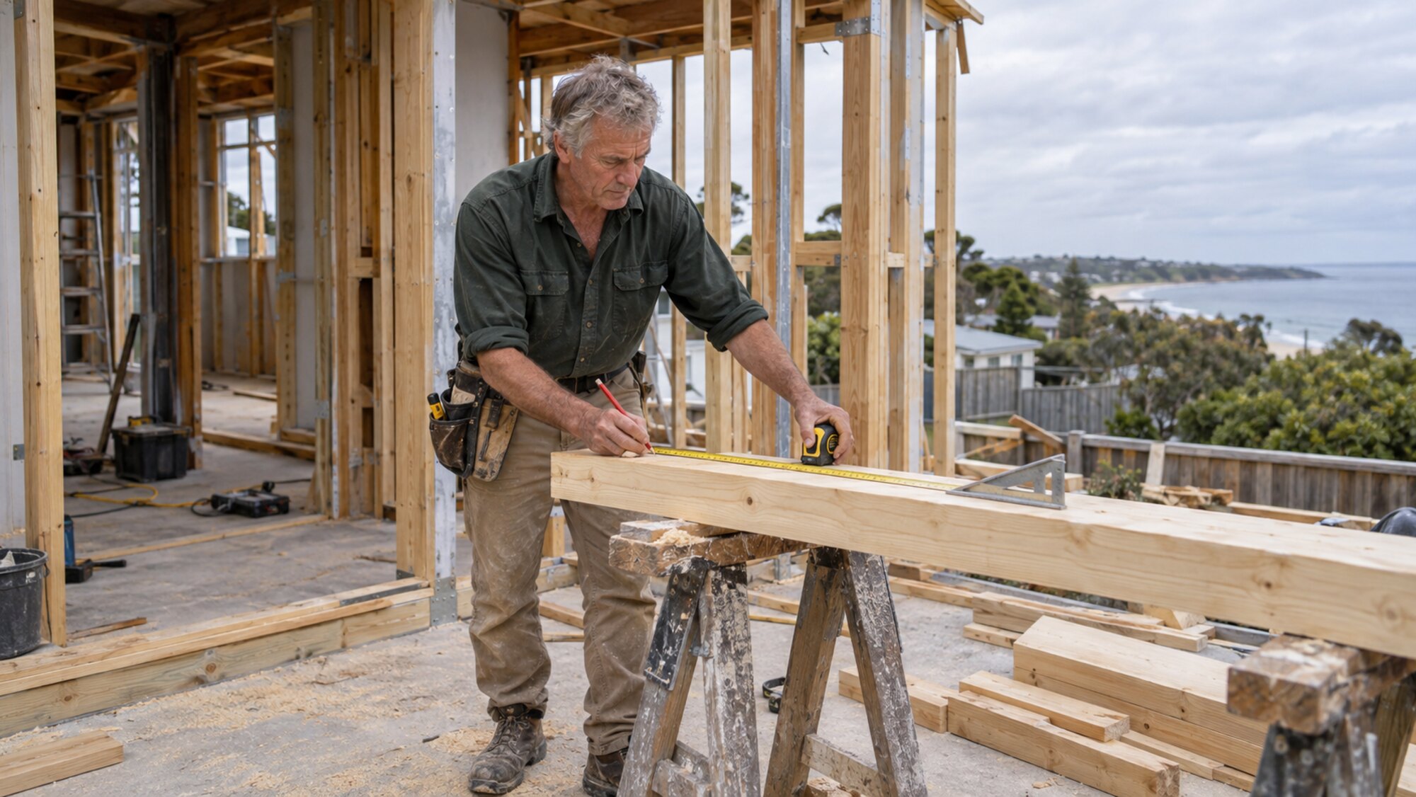 A carpenter marking a cut line on a length of timber at a partly framed building site