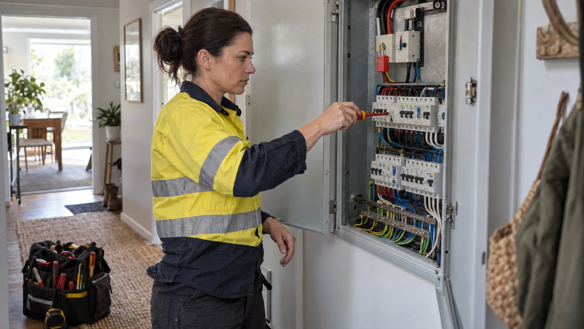 An electrician working at an open switchboard in the hallway of a house