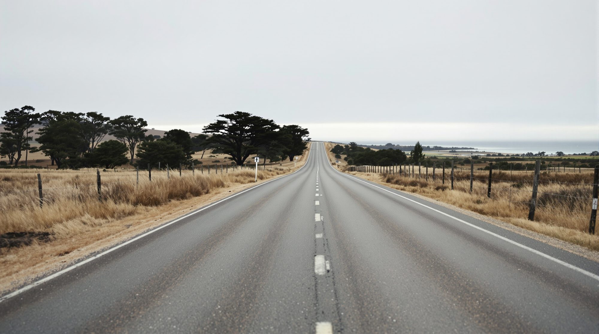 An empty road running south down the Mornington Peninsula, with the coast visible in the distance