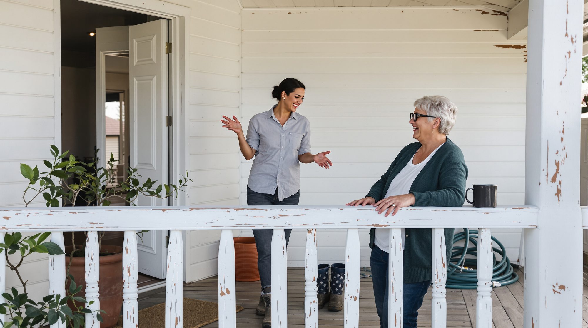 A tradeswoman talking with a customer on the verandah of a weatherboard house after finishing a job