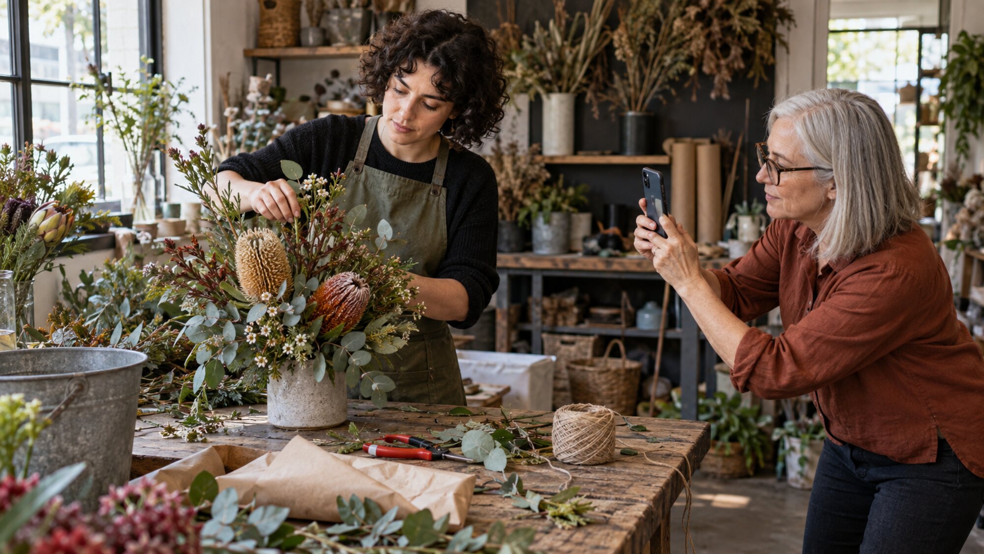 A Melbourne florist creating a native arrangement while it is photographed for paid social advertising