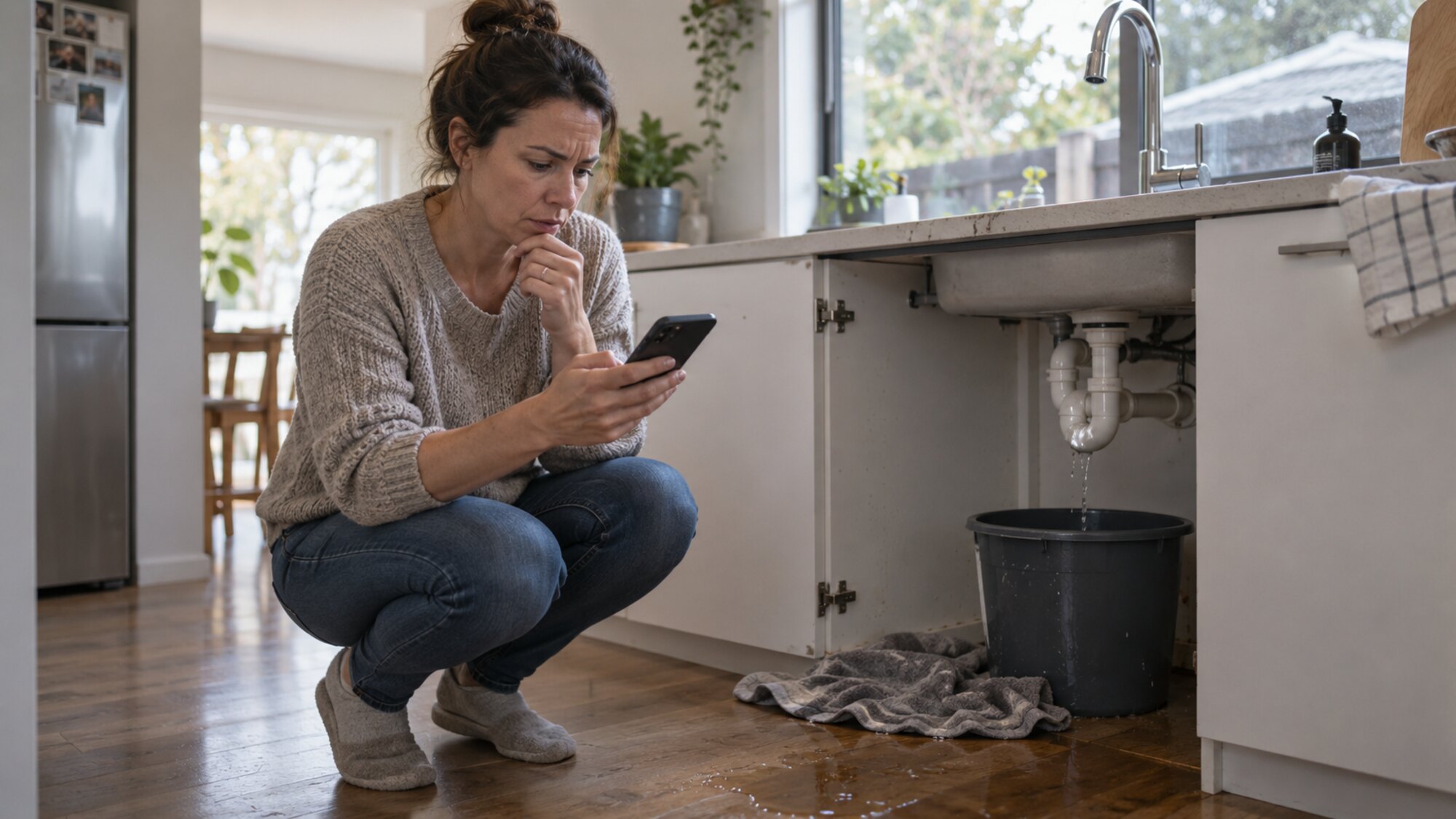 A Melbourne homeowner urgently searching for a local plumber while water leaks beneath the kitchen sink