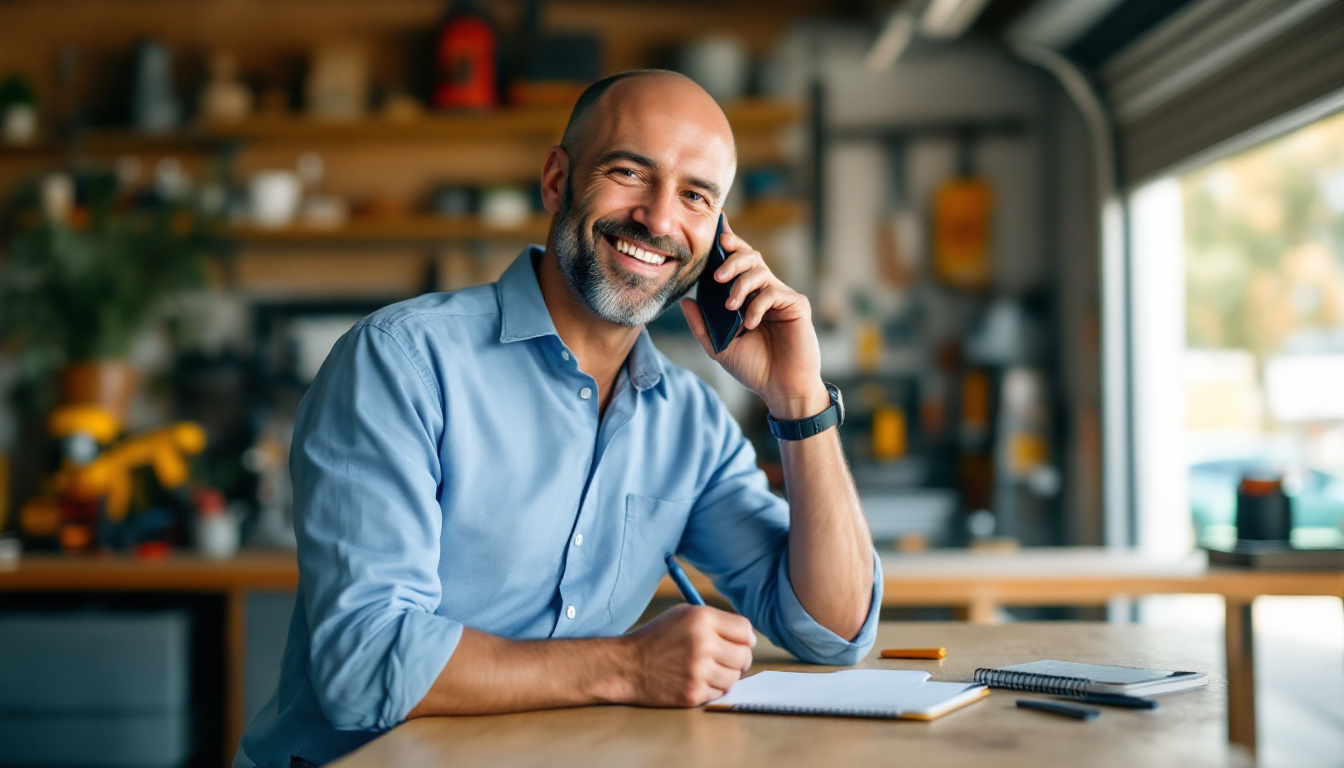 A small-business owner taking an enquiry generated by his website