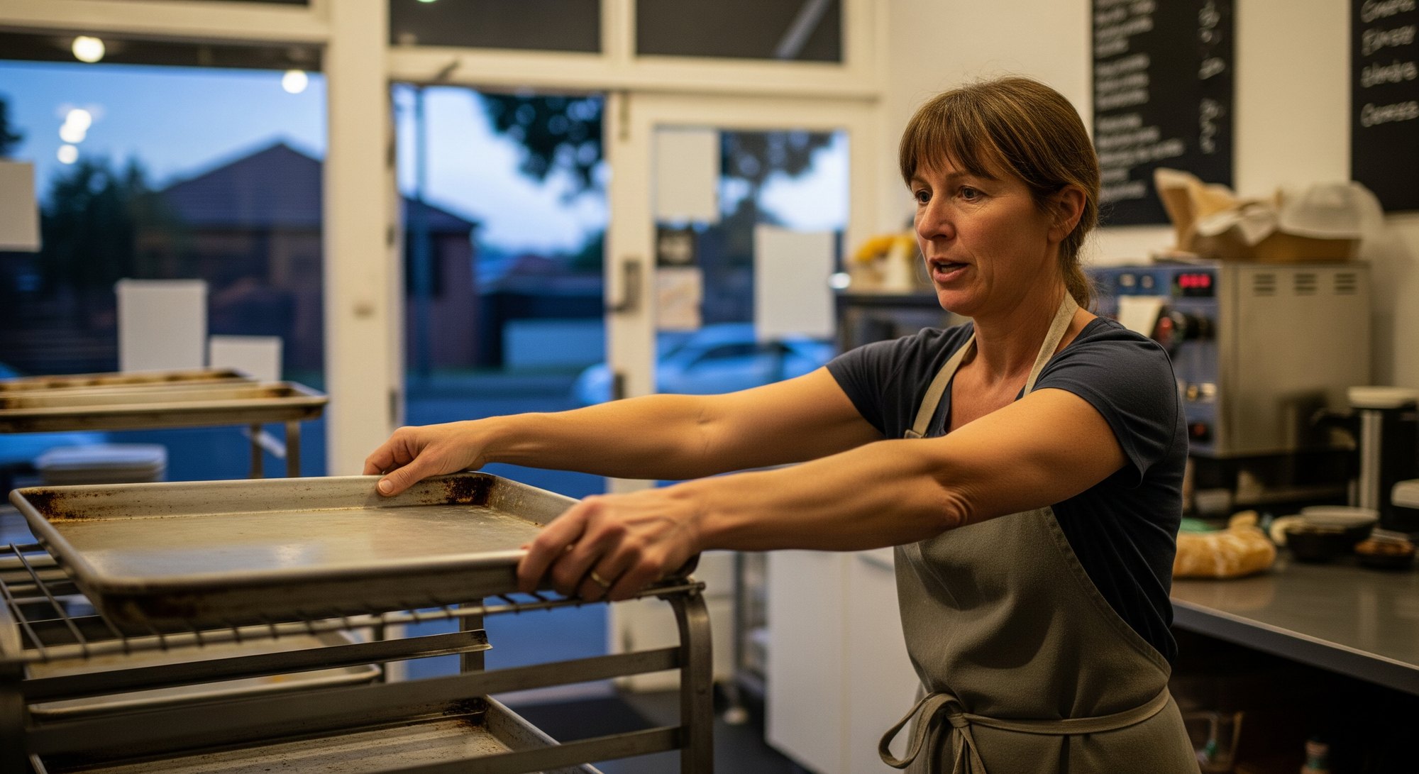 A Melbourne baker racking down trays at the end of a trading day
