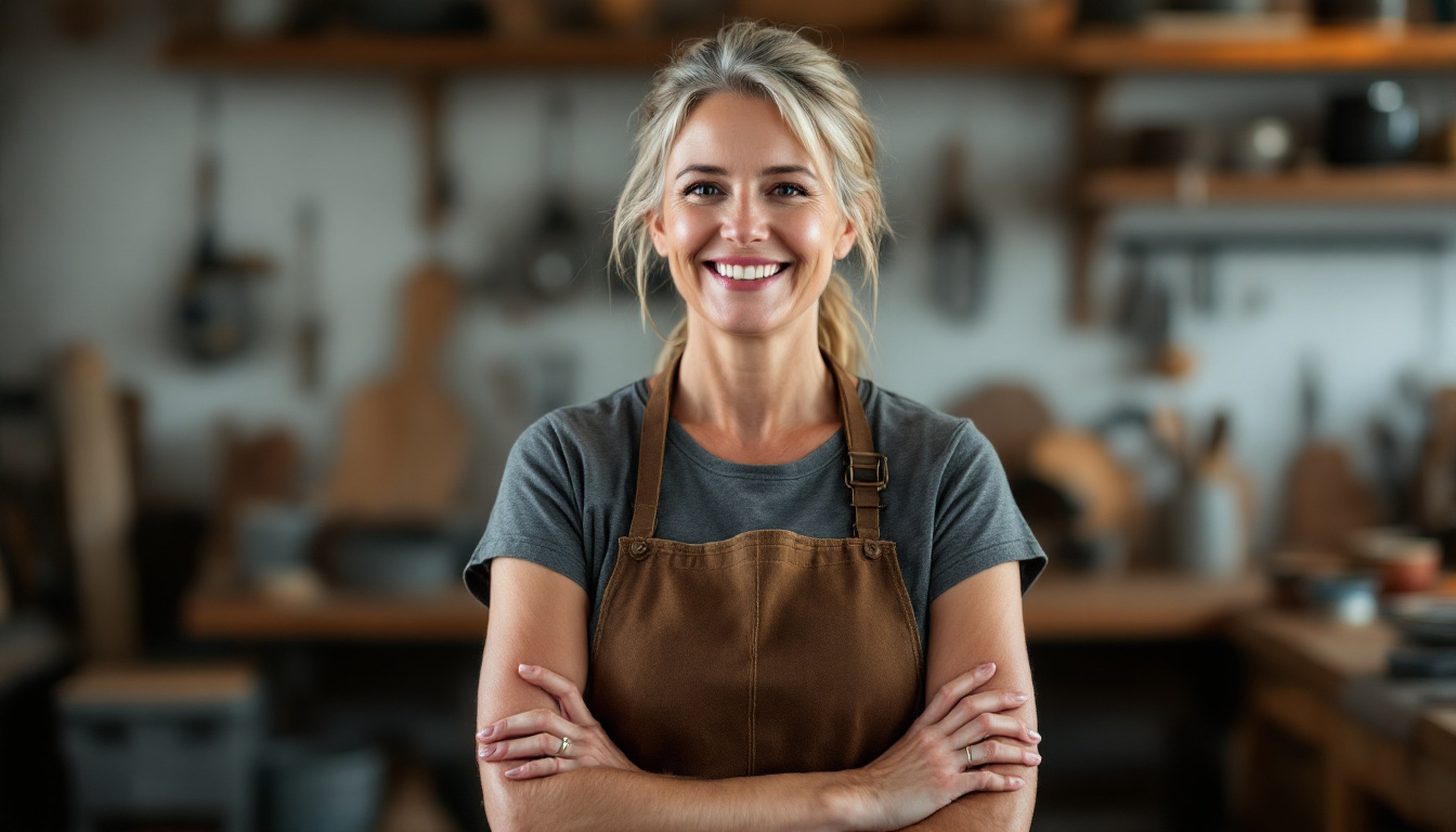 A confident small-business owner standing in her Melbourne workshop
