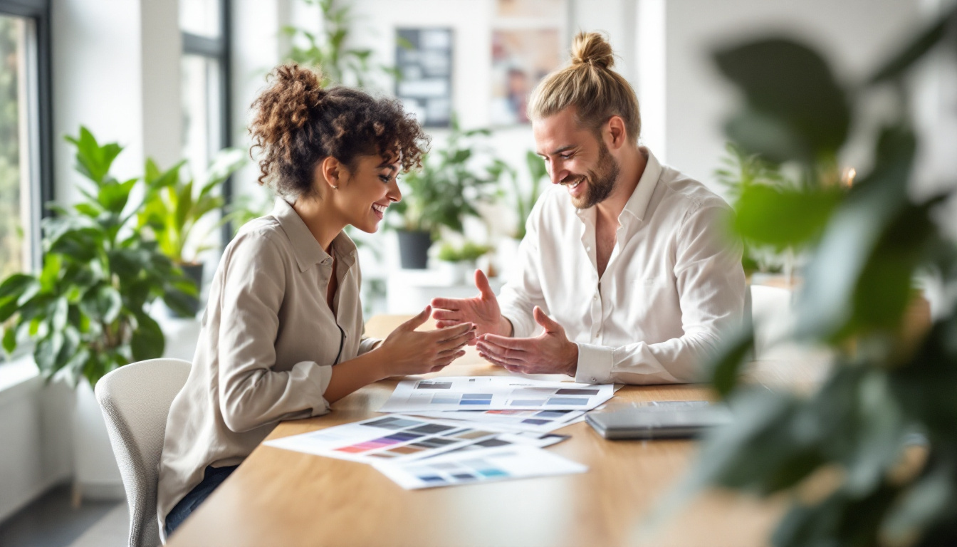 A web designer and a small-business owner reviewing website plans together at a timber desk