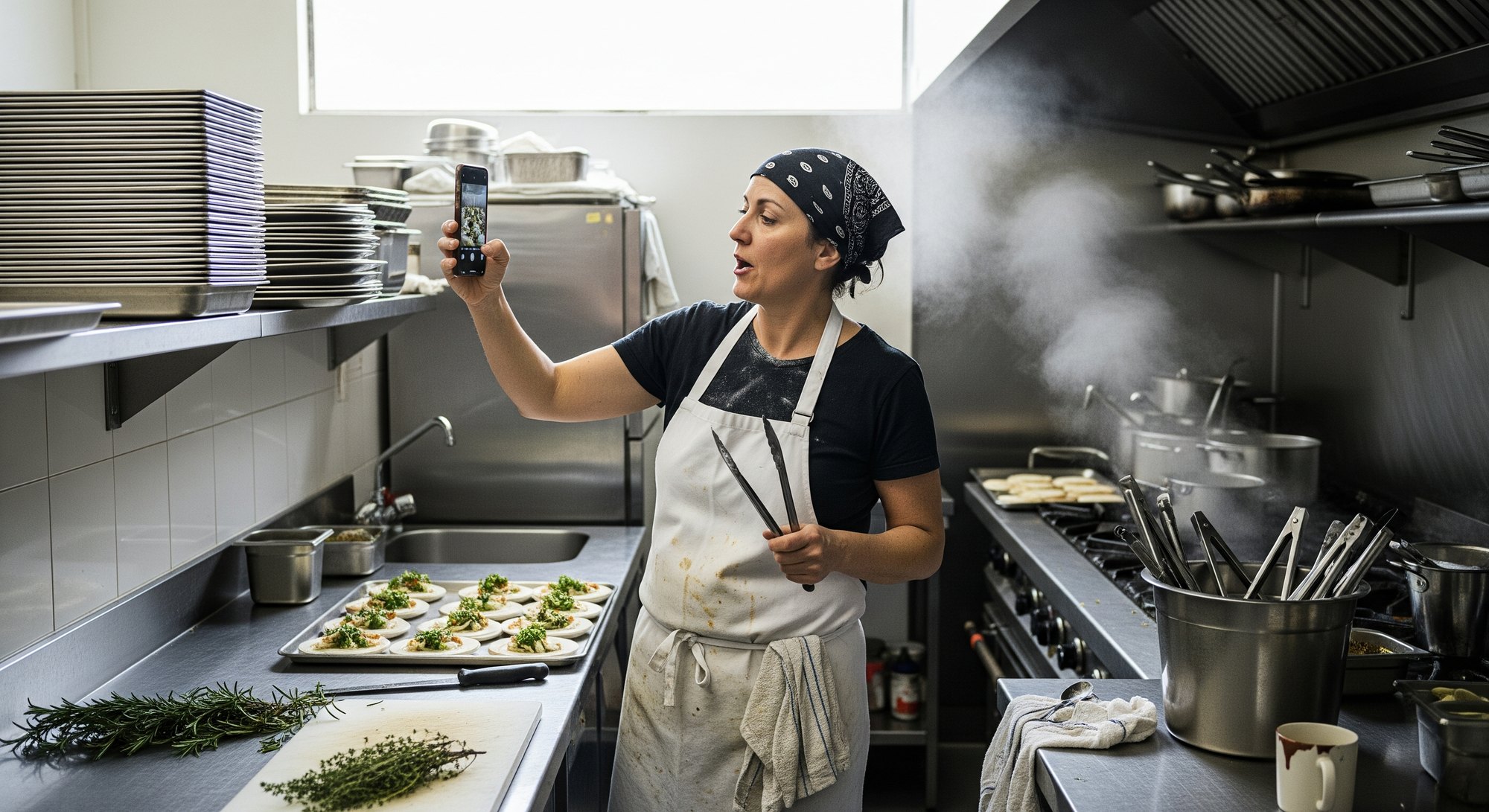 A time-poor Melbourne small-business owner capturing a quick social post on her phone