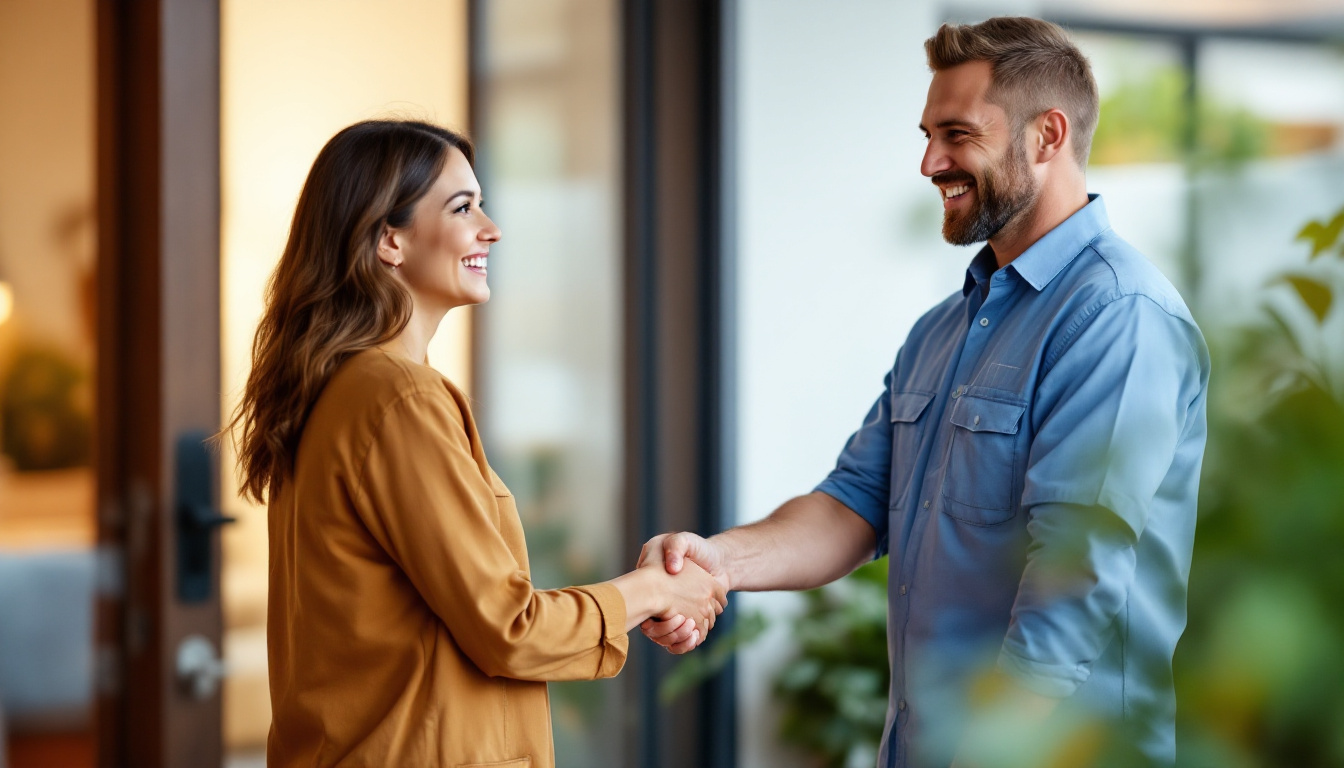A Melbourne tradie shaking hands with a happy homeowner after finishing a job