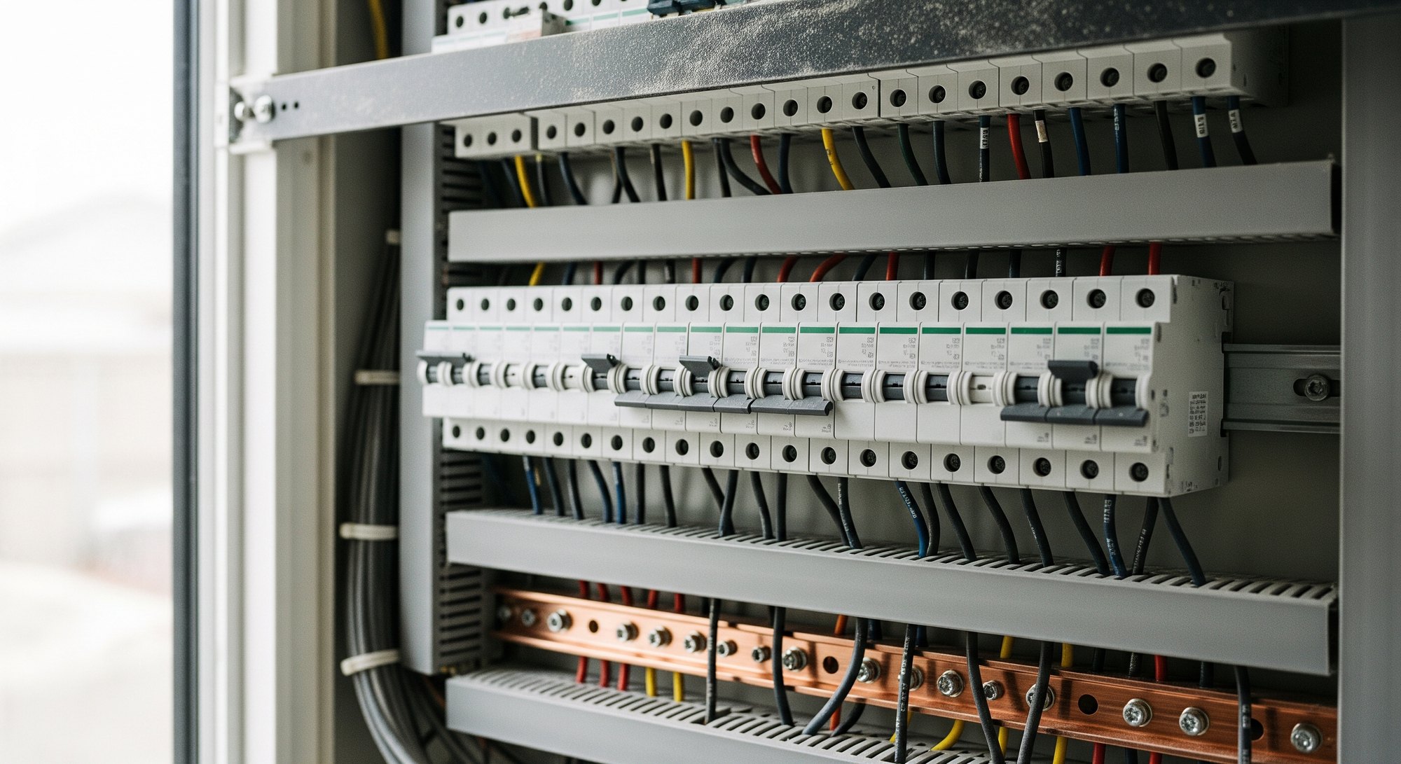 A finished switchboard with the cable runs combed straight. The workmanship a project gallery should show