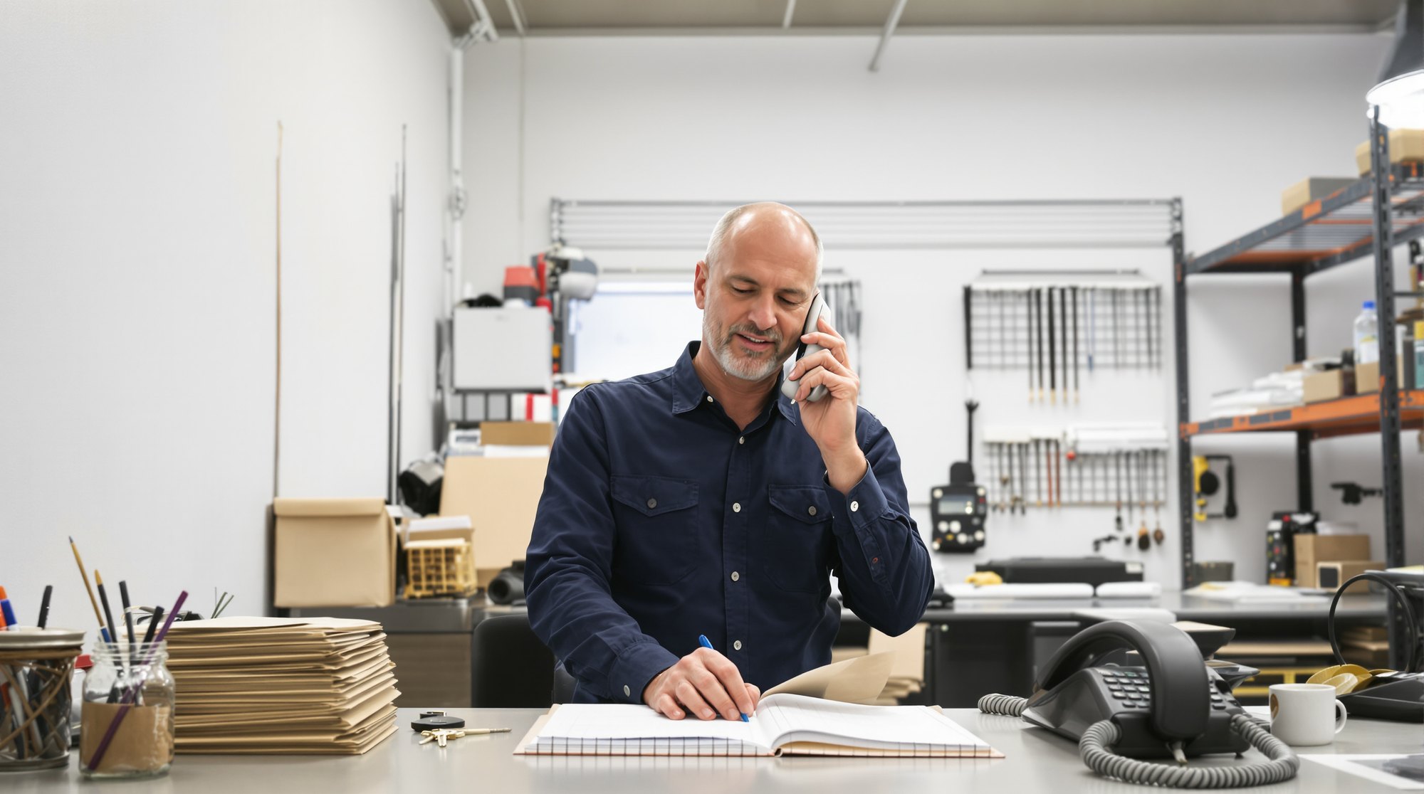 A Melbourne plumbing business owner taking an enquiry call and writing it down