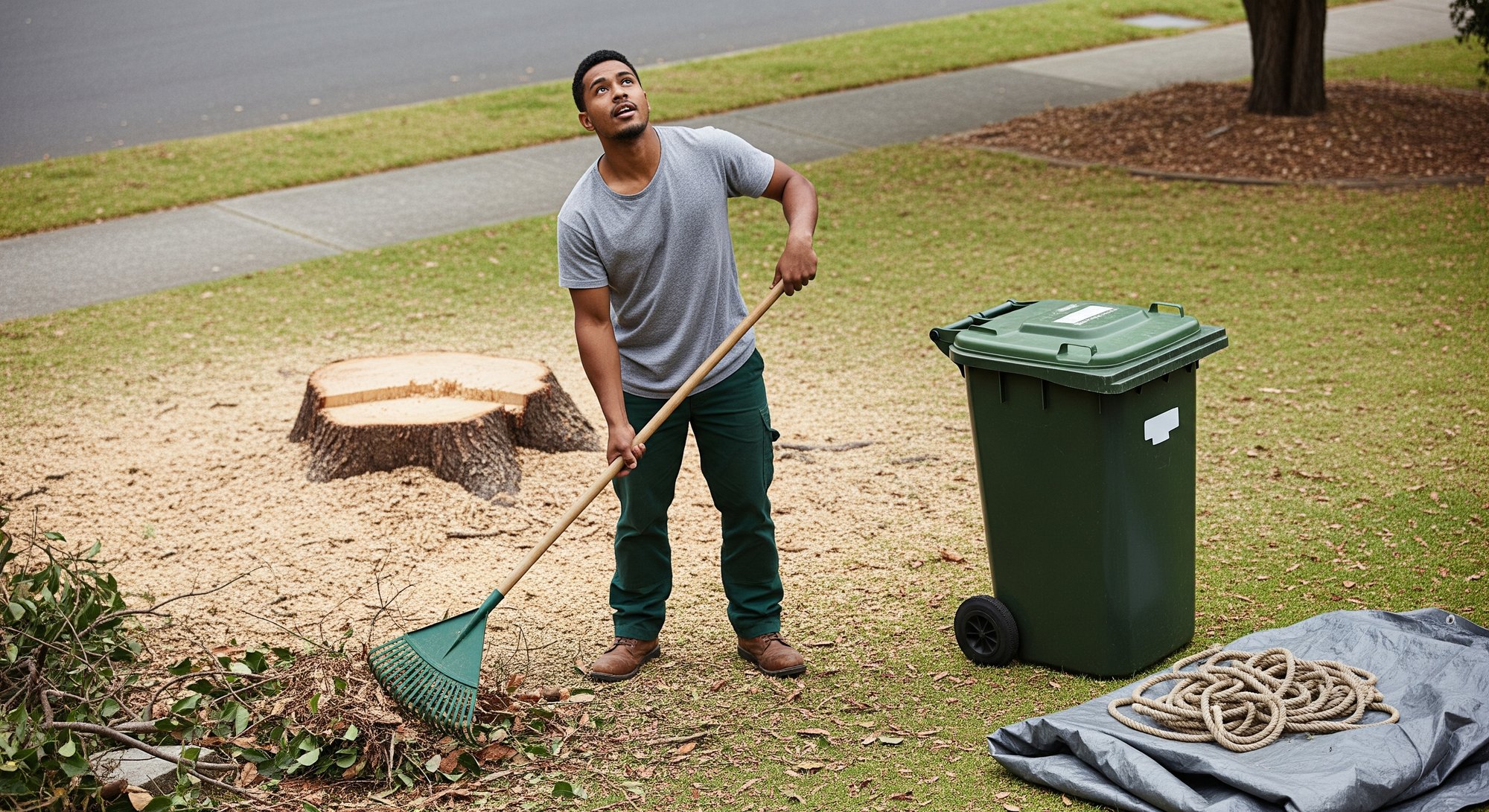 An arborist raking up the last of the mulch after a tree job
