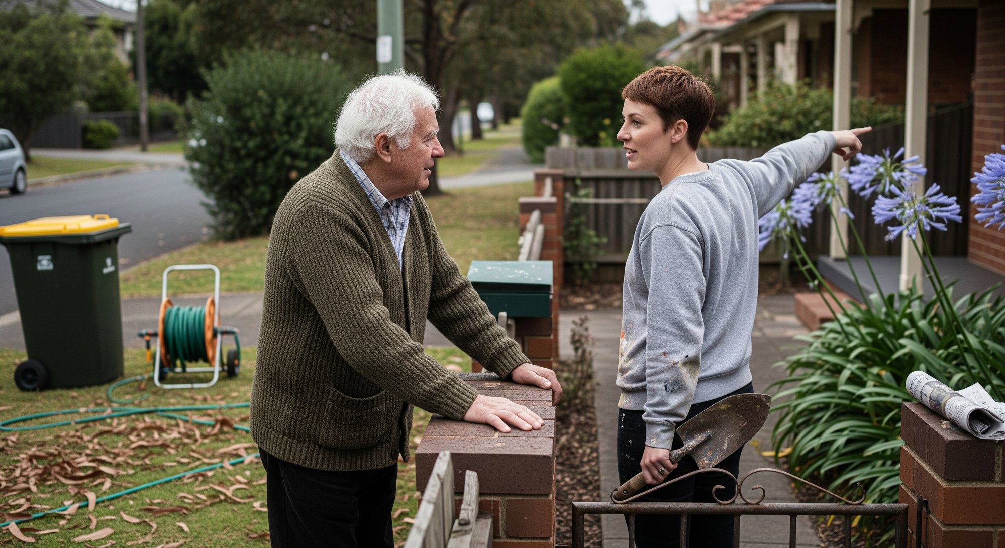 Two neighbours talking over a front fence, one recommending the tradesperson who did the job next door