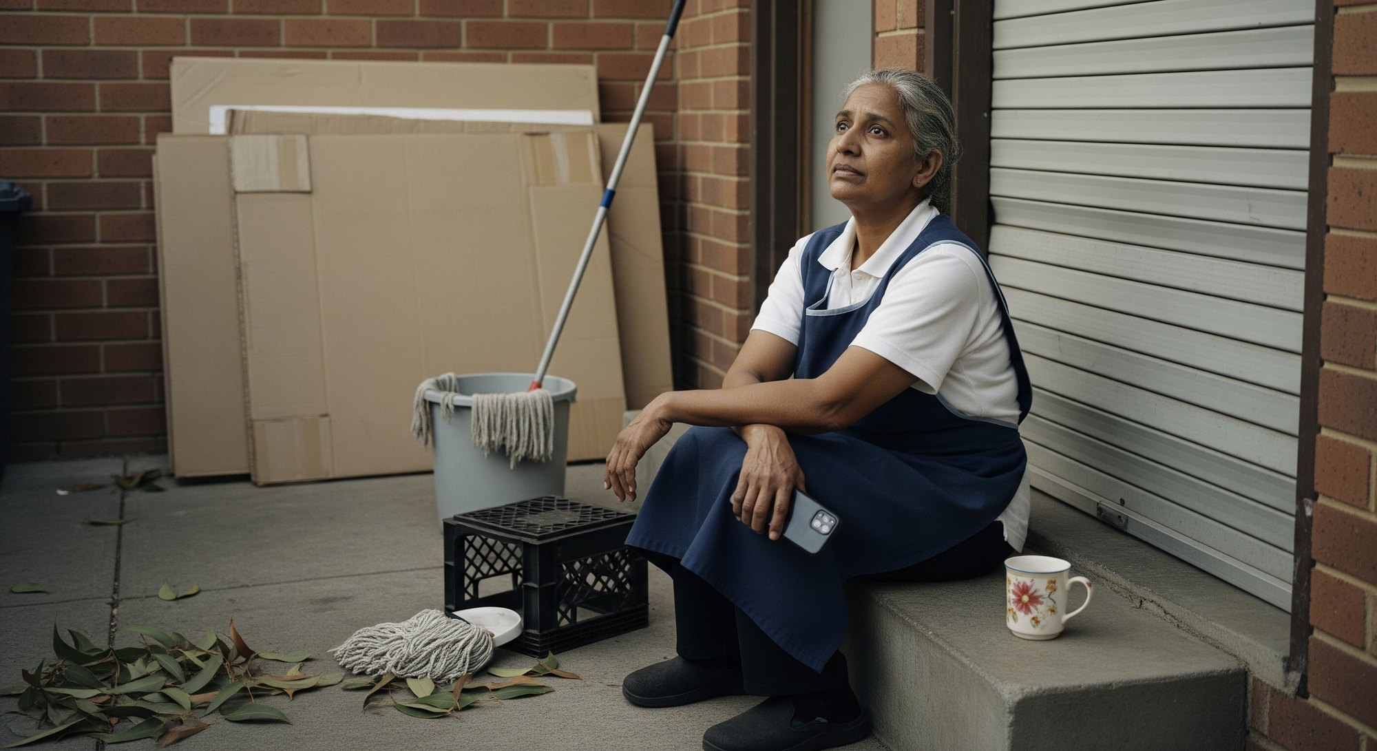 A small business owner sitting on the back step at close of day, replying to messages
