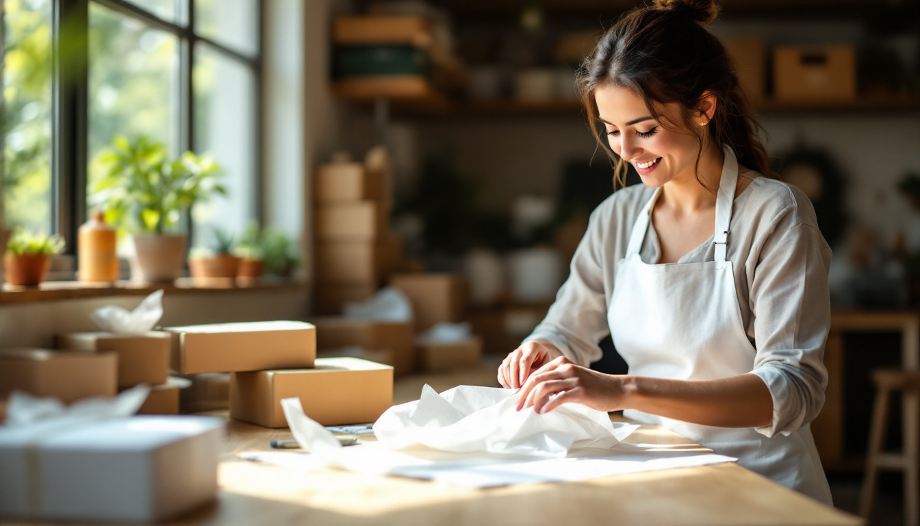 A small-business owner packing online orders in their Melbourne workshop