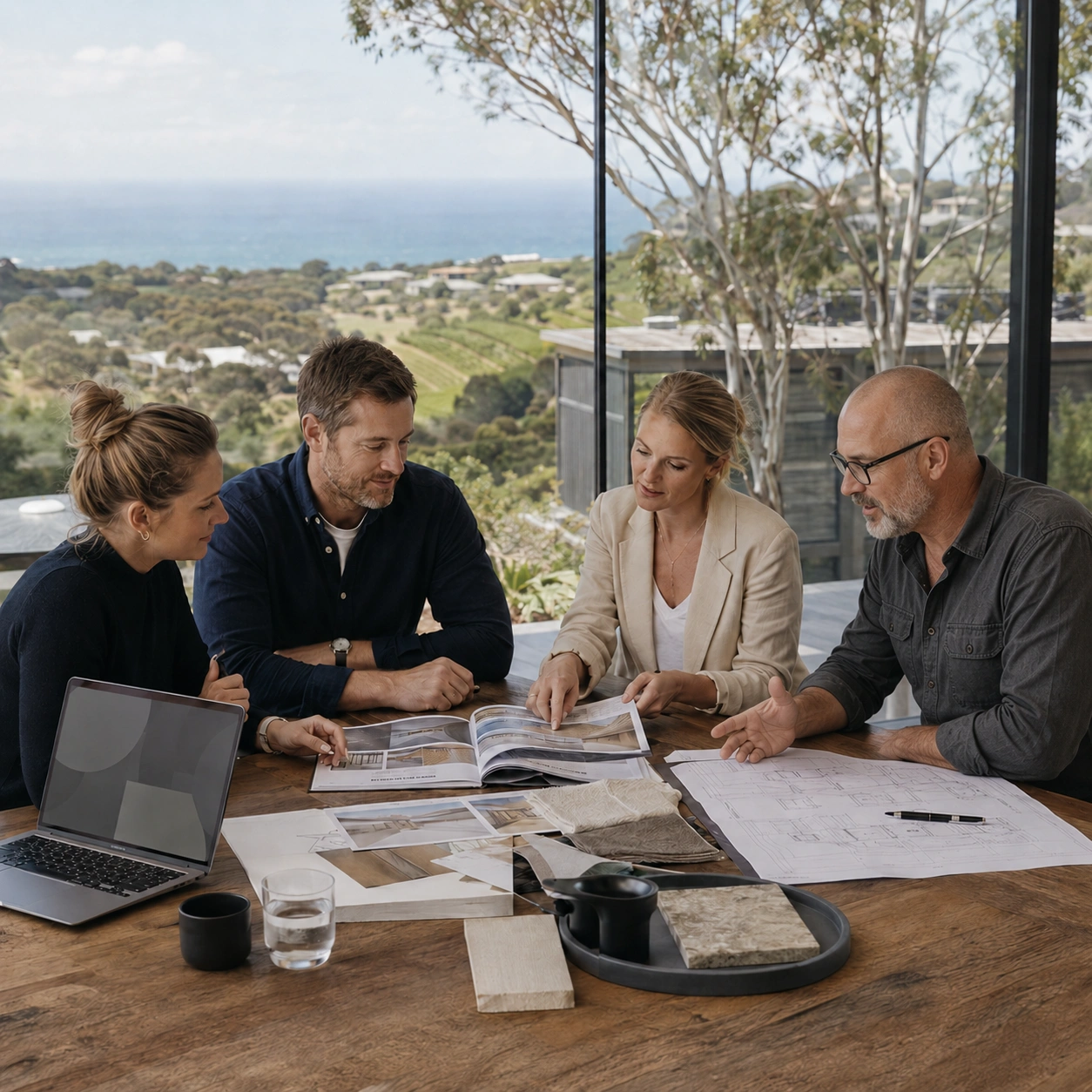 A project meeting over plans and material samples, with the Peninsula coast through the window