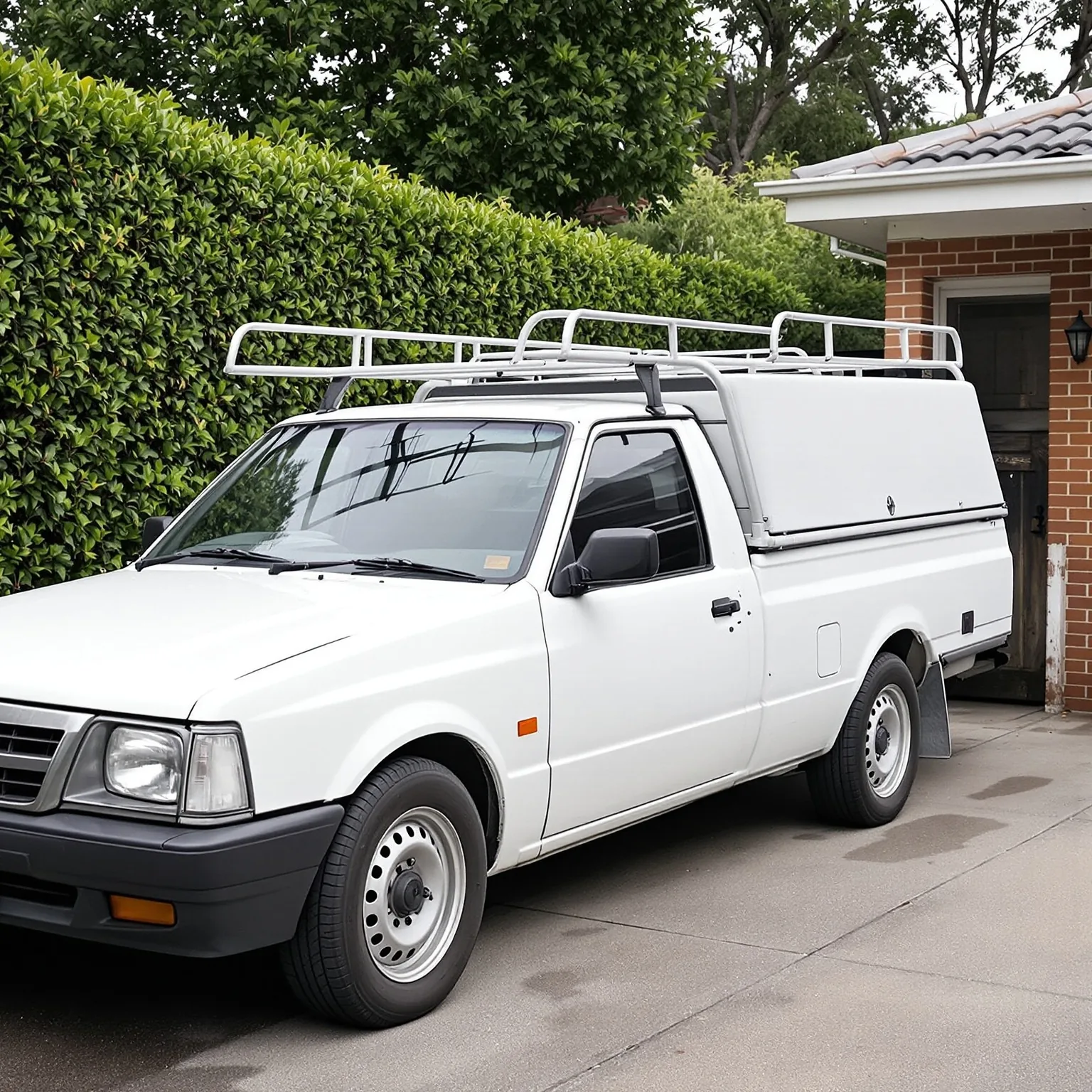 A plain unsignwritten white work ute parked in a Peninsula driveway