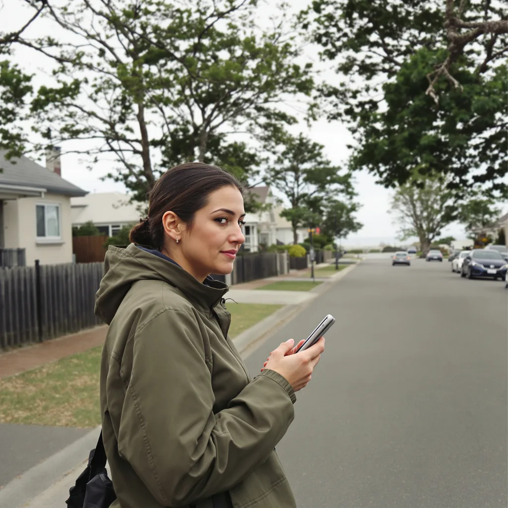 Someone on a Peninsula street looking up from their phone after searching for a local business