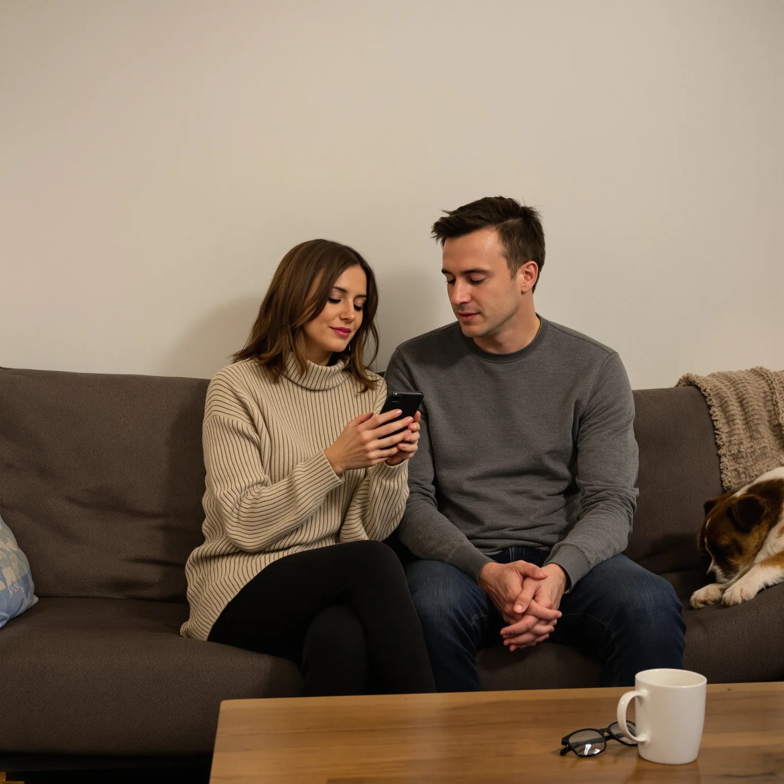 Two people on a sofa on a wet winter evening, one showing the other something on a phone