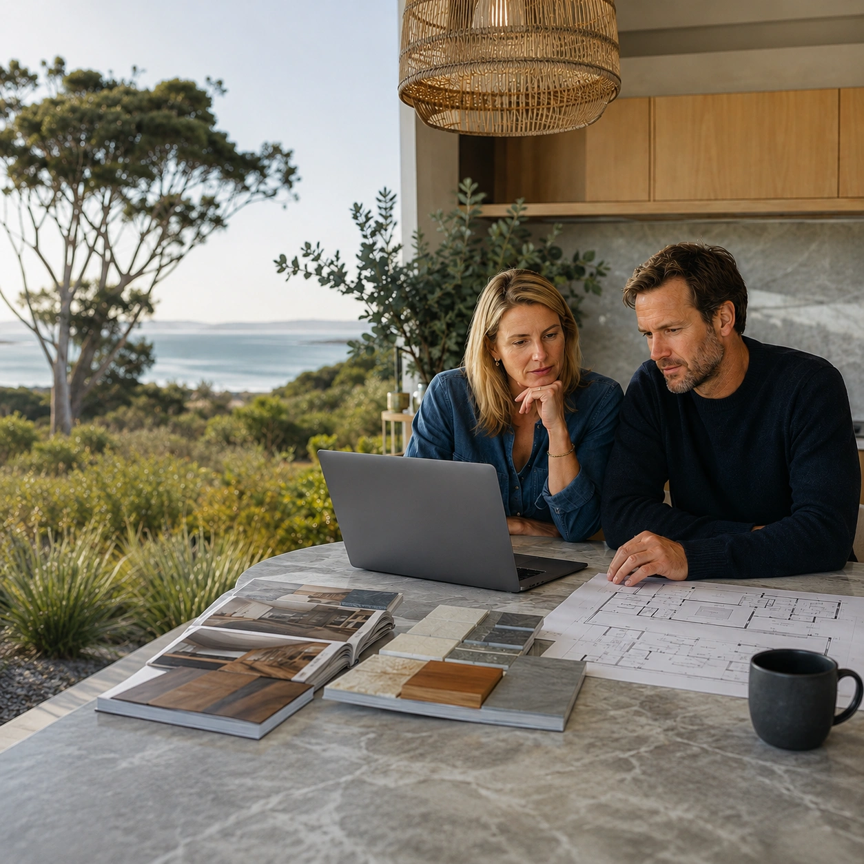 A couple at a Peninsula kitchen bench working through a project on a laptop, plans and samples beside them